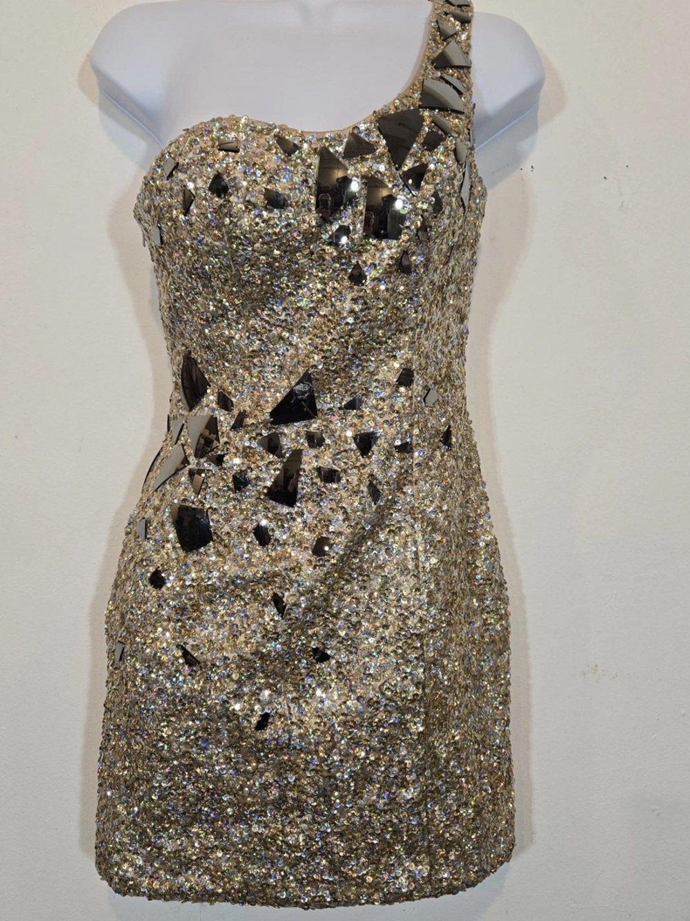Terani Couture Gold Sequin One-Shoulder Cocktail Dress with Mirror Accents